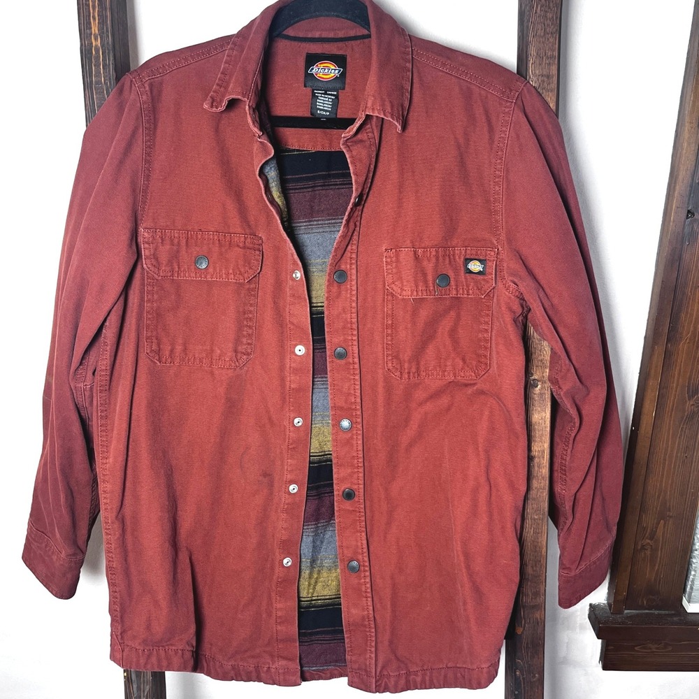 Dickies Mens Rust Red Flannel Lined Canvas Shirt Jacket Barn Coat Small Utility